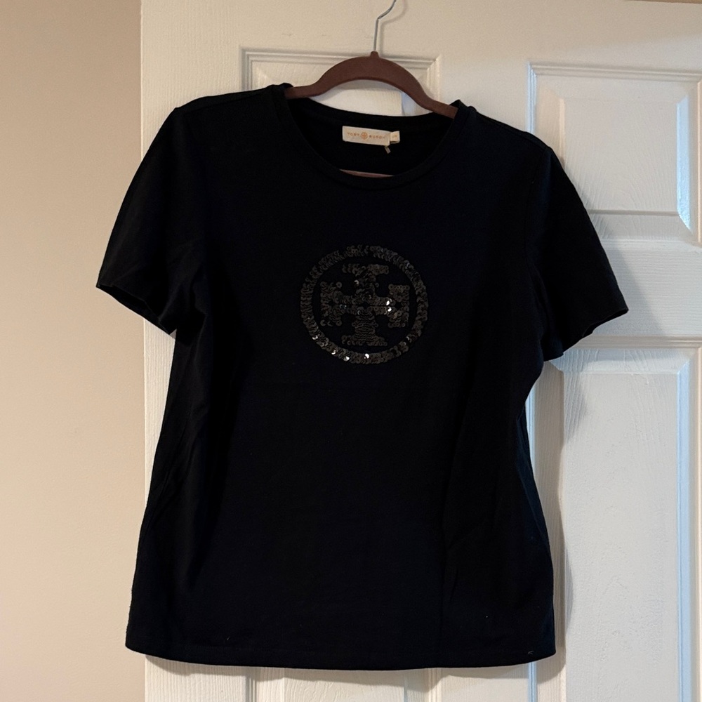 Tory Burch Black Sequin Emblem Tee